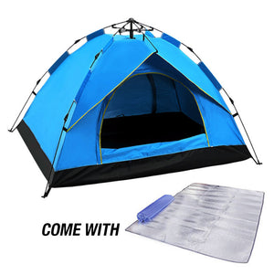 Waterproof Automatic Camping Tent | 3-4 Person, with Moisture Proof Pad (Blue)