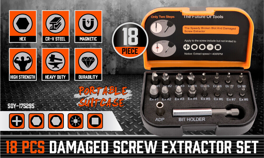 Magnetic Damaged Screw Extractor Set | 18-Piece | Broken Drill Bit Remover Kit | Hex CR-V