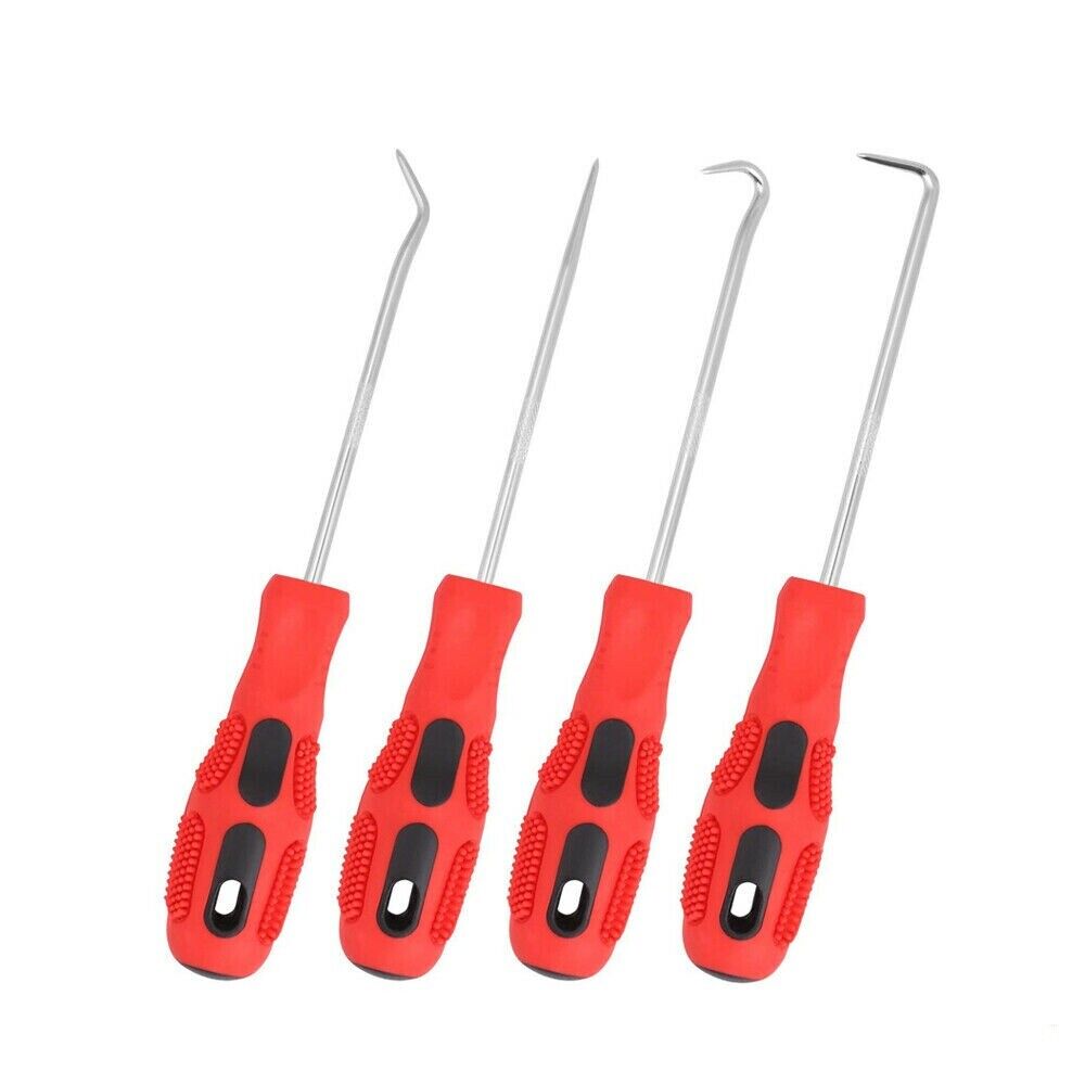 Pick Hook Set | 4-Piece | O-Ring & Oil Seal Remover | Non-Slip Rubber Handle | Red