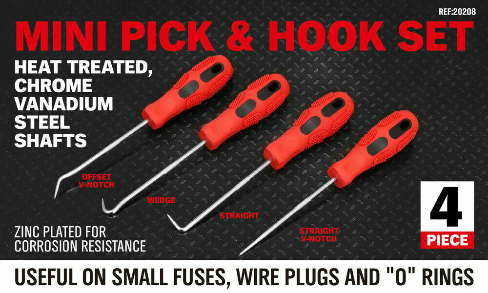 Pick Hook Set | 4-Piece | O-Ring & Oil Seal Remover | Non-Slip Rubber Handle | Red
