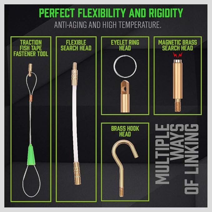 SWANLAKE Fiberglass Running Wire | 11FT / 3.3M | Fish Tape Pull Push Rod | Coaxial Electrical Cable Pulling Kit