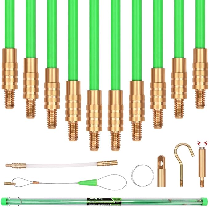 SWANLAKE Fiberglass Running Wire | 33FT / 10M | Fish Tape Pull Push Rod | Coaxial Electrical Cable Pulling Kit