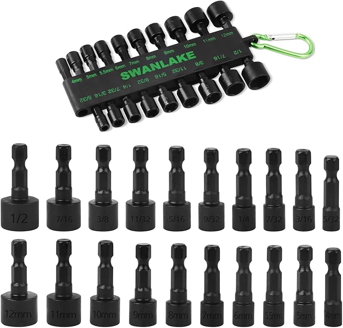 SWANLAKE Power Nut Driver Set | 20PCS | 1/4” Hex Head | SAE & Metric | Impact Drill Compatible