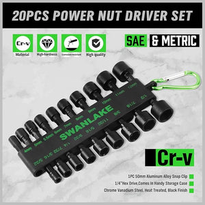 SWANLAKE Power Nut Driver Set | 20PCS | 1/4” Hex Head | SAE & Metric | Impact Drill Compatible