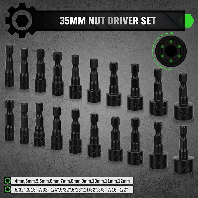 SWANLAKE Magnetic Hex Nut Driver Set | 39PCS | 1/4" Quick-Change | SAE & Metric Cr-V Steel