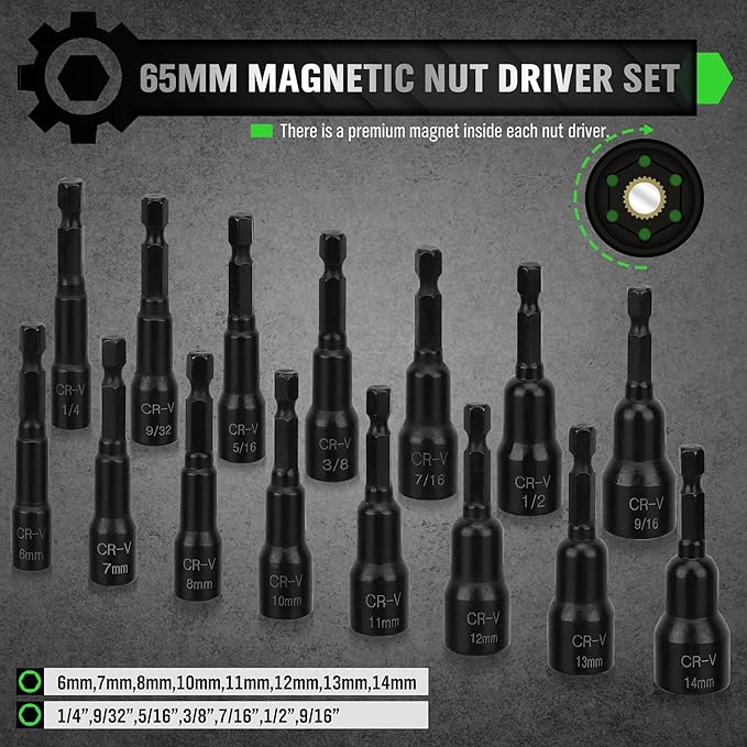 SWANLAKE Magnetic Hex Nut Driver Set | 39PCS | 1/4" Quick-Change | SAE & Metric Cr-V Steel