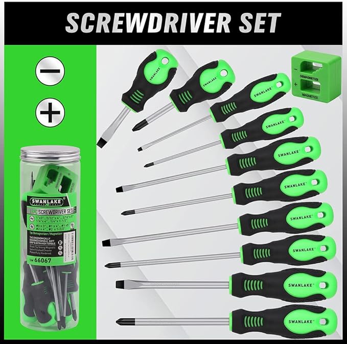 SWANLAKE Screwdriver Set | 11PCS | Magnetic | 5 Phillips | 5 Flat Head | Fastening & Loosening Seized Screws