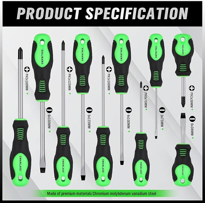 SWANLAKE Screwdriver Set | 11PCS | Magnetic | 5 Phillips | 5 Flat Head | Fastening & Loosening Seized Screws