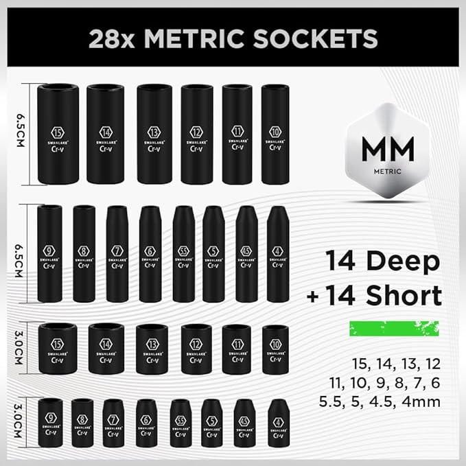 SWANLAKE Impact Socket Set | 1/4" Drive | 56-Piece | SAE 5/32" to 9/16" | Metric 4-15mm | 6-Point Cr-V | Ratchet Handle | Extension Bar | Universal Joint