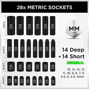 SWANLAKE Impact Socket Set | 1/4" Drive | 56-Piece | SAE 5/32" to 9/16" | Metric 4-15mm | 6-Point Cr-V | Ratchet Handle | Extension Bar | Universal Joint