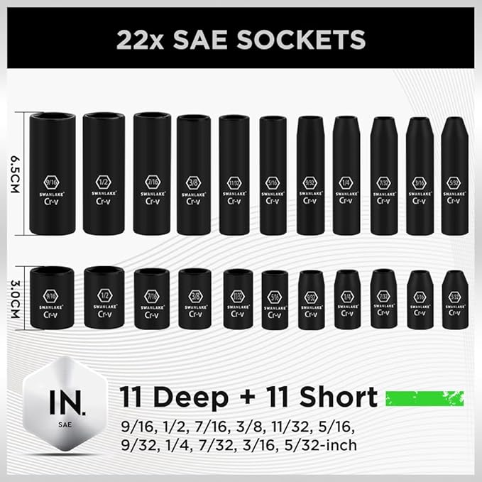 SWANLAKE Impact Socket Set | 1/4" Drive | 56-Piece | SAE 5/32" to 9/16" | Metric 4-15mm | 6-Point Cr-V | Ratchet Handle | Extension Bar | Universal Joint