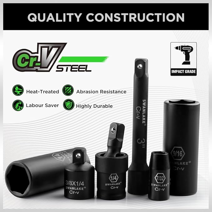 SWANLAKE Impact Socket Set | 1/4" Drive | 56-Piece | SAE 5/32" to 9/16" | Metric 4-15mm | 6-Point Cr-V | Ratchet Handle | Extension Bar | Universal Joint