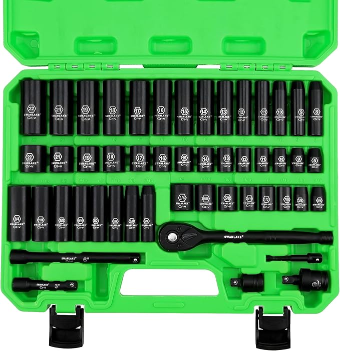 SWANLAKE Impact Socket Set | 3/8" Drive | 50-Piece | SAE 5/16" to 3/4" | Metric 8-22mm | 6-Point Cr-V | Ratchet Handle | Extension Bar | Universal Joint