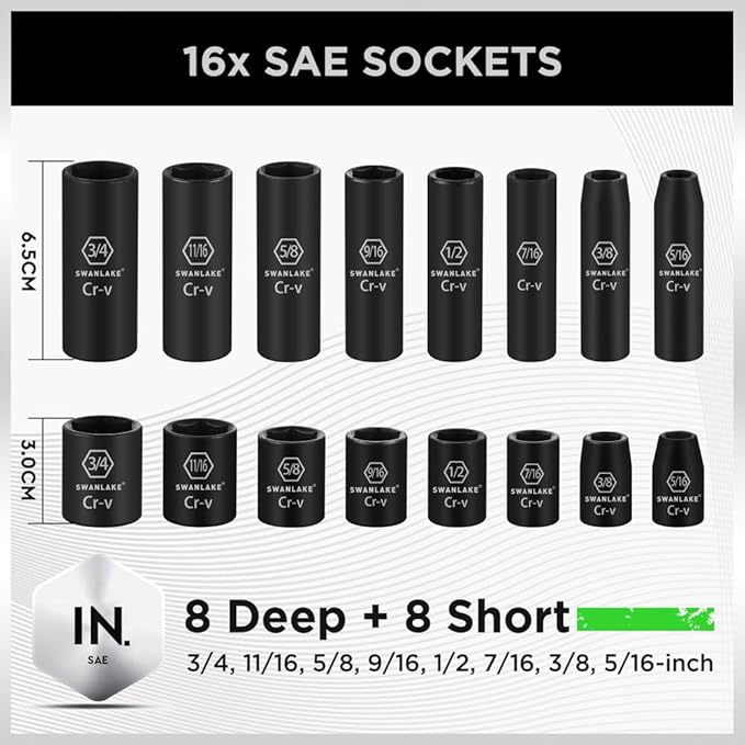 SWANLAKE Impact Socket Set | 3/8" Drive | 50-Piece | SAE 5/16" to 3/4" | Metric 8-22mm | 6-Point Cr-V | Ratchet Handle | Extension Bar | Universal Joint
