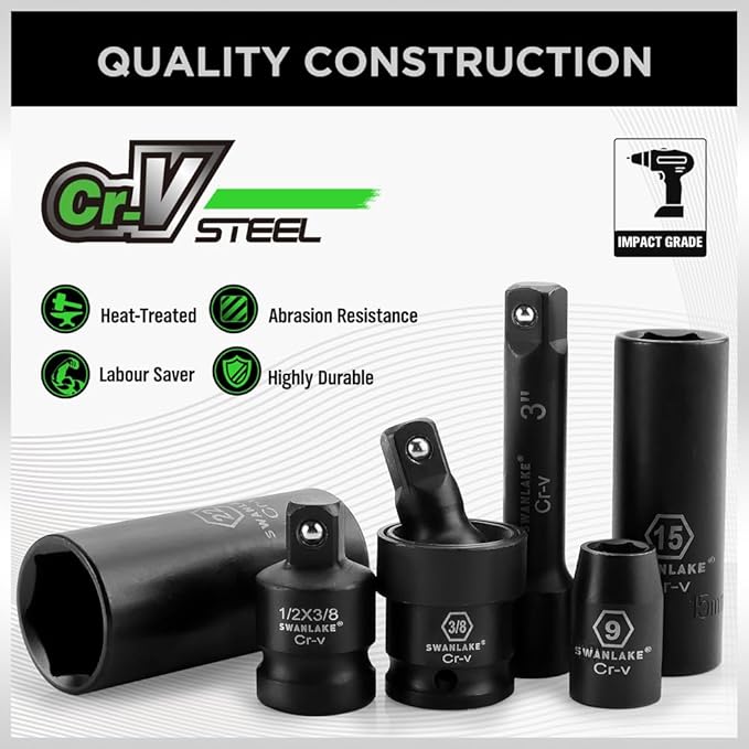 SWANLAKE Impact Socket Set | 3/8" Drive | 50-Piece | SAE 5/16" to 3/4" | Metric 8-22mm | 6-Point Cr-V | Ratchet Handle | Extension Bar | Universal Joint