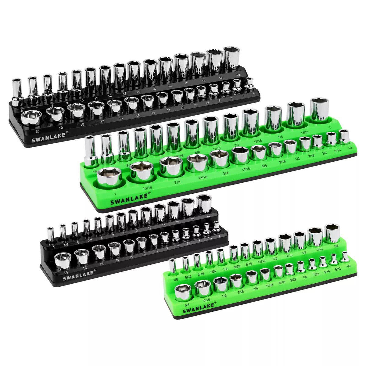 SWANLAKE Magnetic Socket Organizer Tray | 4-Piece Set | 3/8" 1/4" SAE Metric Holder