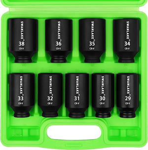 SWANLAKE Jumbo Impact Socket Set | 9-Piece | 1/2" Drive | Metric 29-38mm | Spindle Axle Nut | CR-V Black Finish