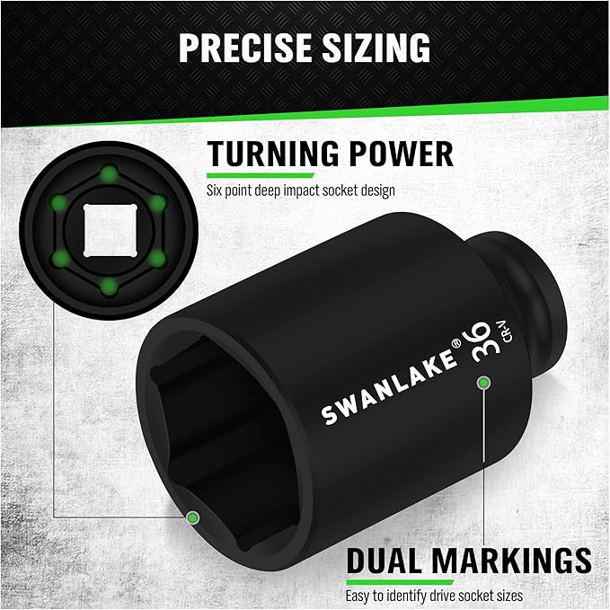 SWANLAKE Jumbo Impact Socket Set | 9-Piece | 1/2" Drive | Metric 29-38mm | Spindle Axle Nut | CR-V Black Finish