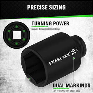 SWANLAKE Jumbo Impact Socket Set | 9-Piece | 1/2" Drive | Metric 29-38mm | Spindle Axle Nut | CR-V Black Finish