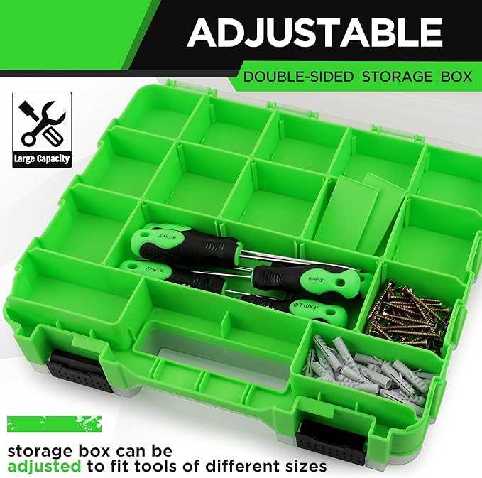 SWANLAKE Small Parts Organizer | 34-Compartment | Double-Sided Storage Box | Removable Dividers | Hardware Organizer