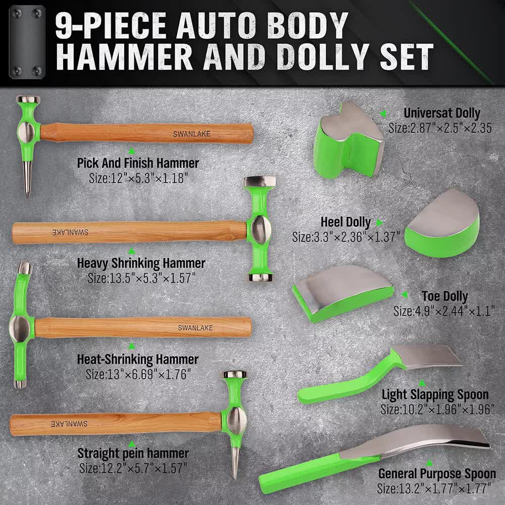 9-Piece Garden Tools Auto Body Hammer Dolly Set | Car Body Dent Repair Tool Case