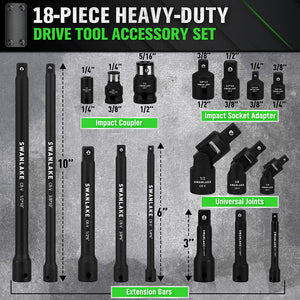 SWANLAKE Drive Tool Accessory Set | 18-Piece | Extension Bars | Impact Universal Joint Set