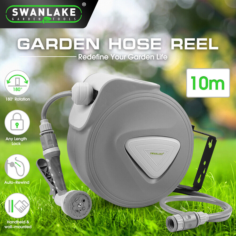 Retractable Garden Air Hose Reel | 10M | Auto Rewind | Wall Mounted | Grey | AU Stock
