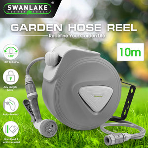 Retractable Garden Air Hose Reel | 10M | Auto Rewind | Wall Mounted | Grey | AU Stock