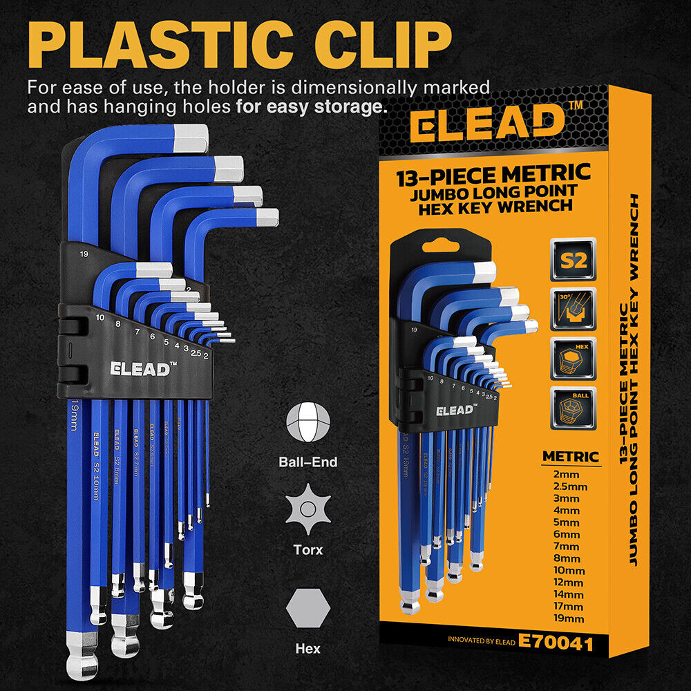 ELEAD 13pc Extra Large Hex Key Set | Long Allen Key Wrench | Ball End Metric | 2-19mm