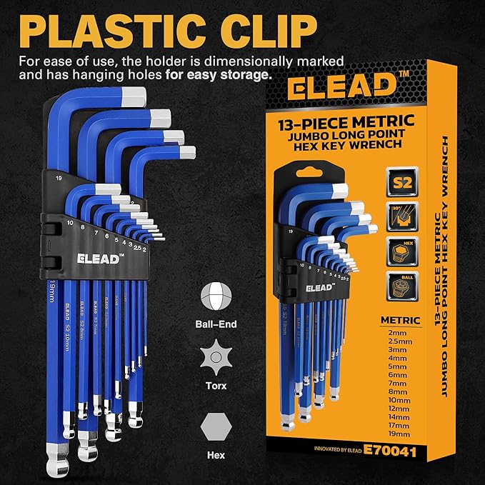 ELEAD Jumbo Hex Key Allen Wrench Set | 13-Piece | Metric 2-19mm | Long Ball End CR-V | Automotive & Furniture Use