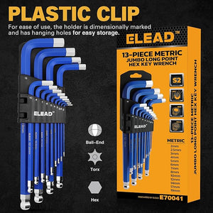 ELEAD Jumbo Hex Key Allen Wrench Set | 13-Piece | Metric 2-19mm | Long Ball End CR-V | Automotive & Furniture Use