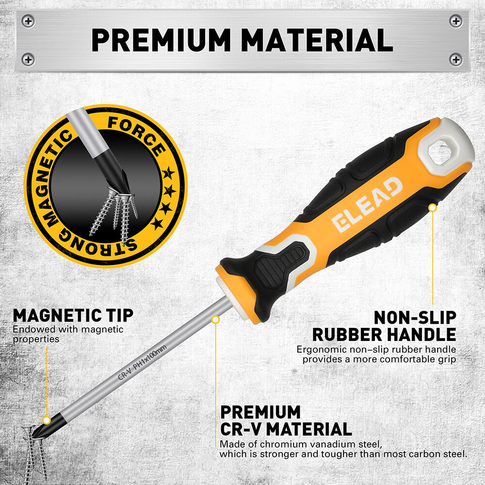 ELEAD Magnetic Screwdriver Set | 6-Piece | Phillips & Slotted | Non-Slip CR-V Handles