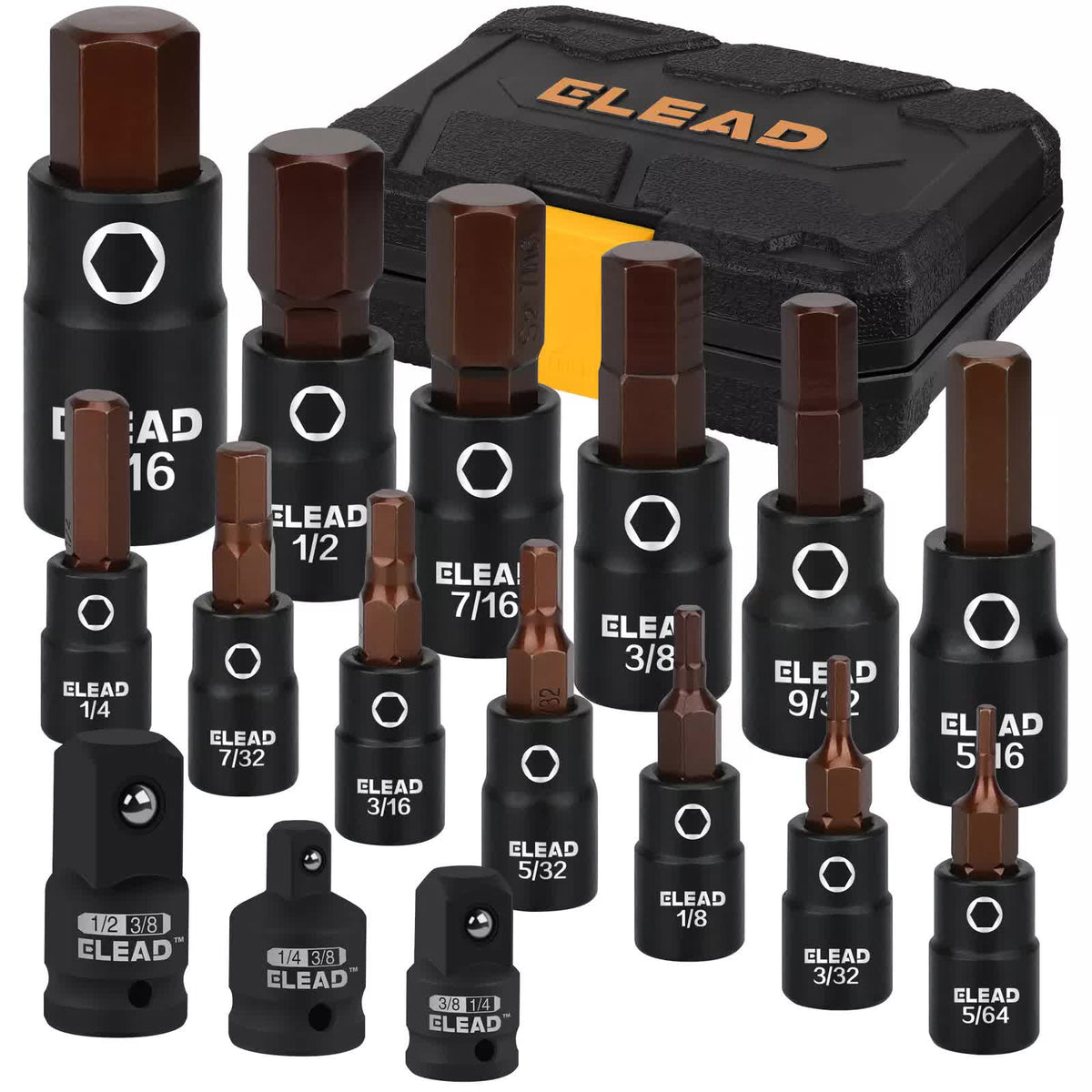 16Pc SAE Hex Bit Impact Socket Set | 5/64"-9/16" | Allen Socket Set with Adapter
