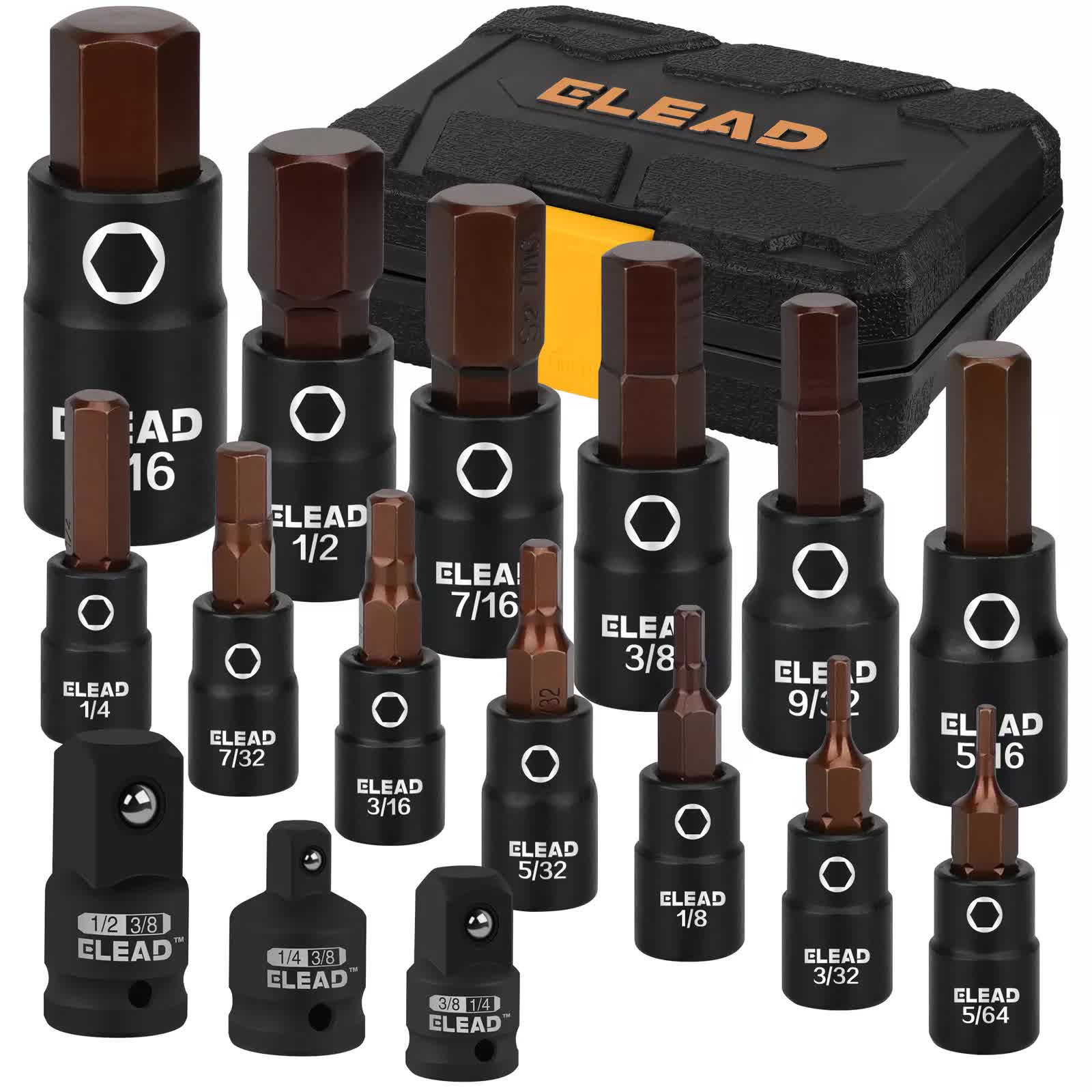 16Pc SAE Hex Bit Impact Socket Set | 5/64"-9/16" | Allen Socket Set with Adapter