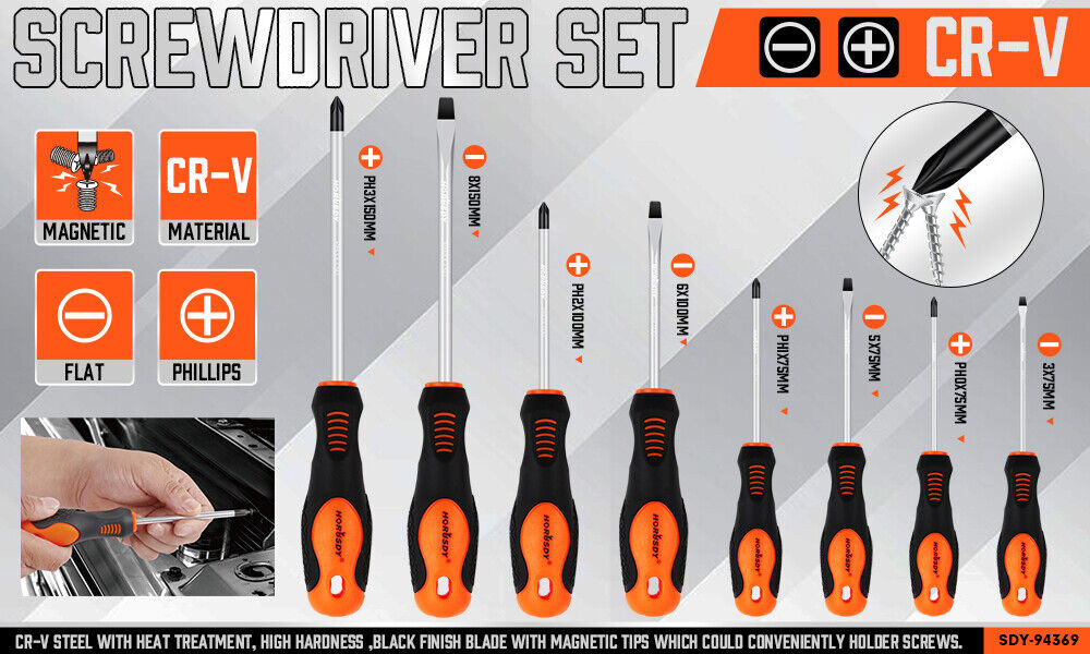 HORUSDY Magnetic Screwdriver Set | 8-Piece | Non-Slip Handle | Phillips & Slotted Tools