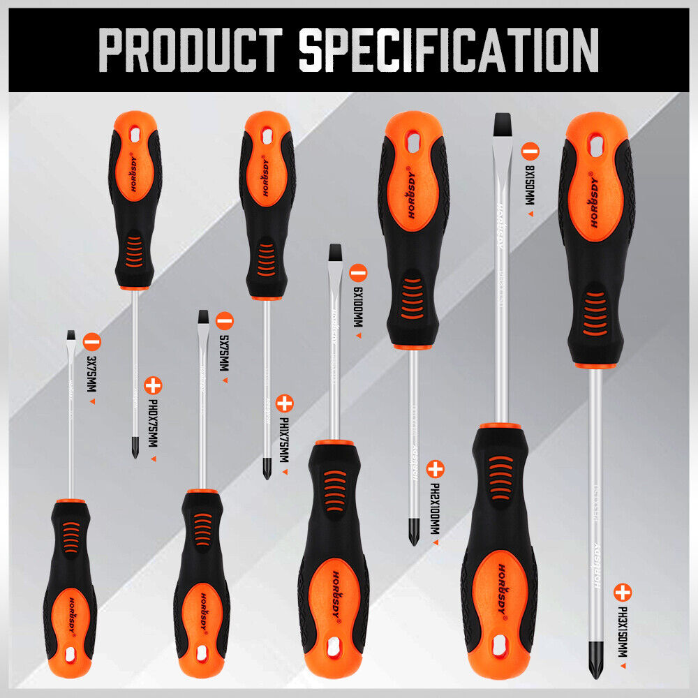 HORUSDY Magnetic Screwdriver Set | 8-Piece | Non-Slip Handle | Phillips & Slotted Tools