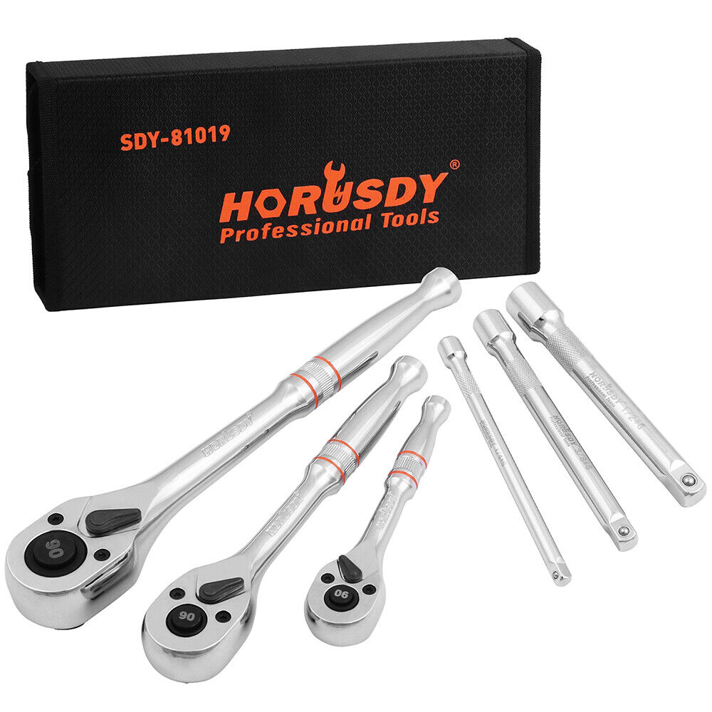 Mini Ratchet Spanner 1/2", 3/8", 1/4" Drive | 90 Tooth Extension Bar | Workshop With Bag