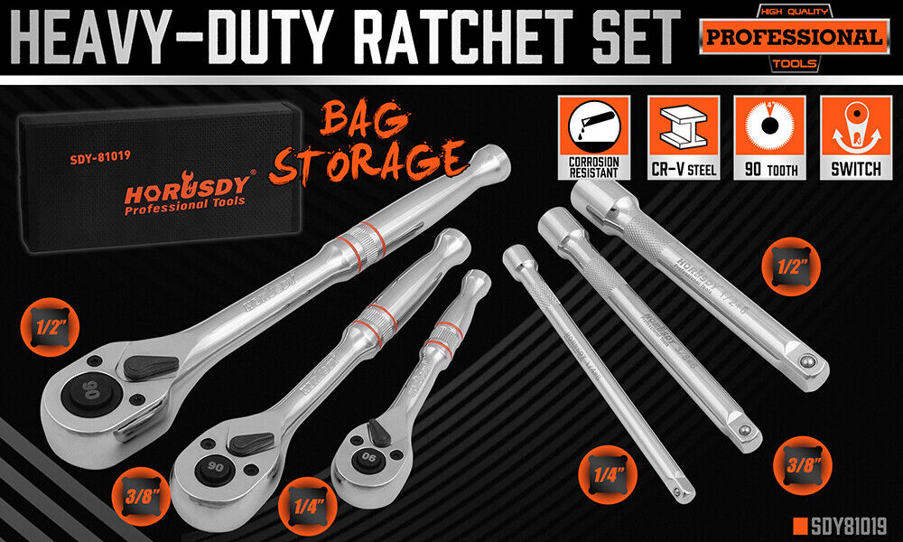 Mini Ratchet Spanner 1/2", 3/8", 1/4" Drive | 90 Tooth Extension Bar | Workshop With Bag