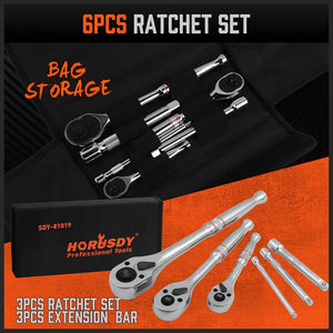 Mini Ratchet Spanner 1/2", 3/8", 1/4" Drive | 90 Tooth Extension Bar | Workshop With Bag
