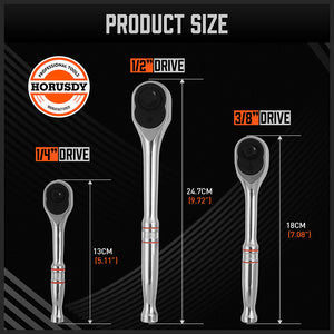 Mini Ratchet Spanner 1/2", 3/8", 1/4" Drive | 90 Tooth Extension Bar | Workshop With Bag