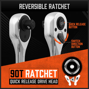 Mini Ratchet Spanner 1/2", 3/8", 1/4" Drive | 90 Tooth Extension Bar | Workshop With Bag