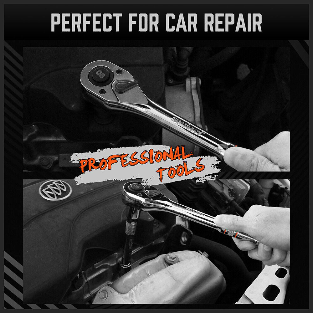 Mini Ratchet Spanner 1/2", 3/8", 1/4" Drive | 90 Tooth Extension Bar | Workshop With Bag