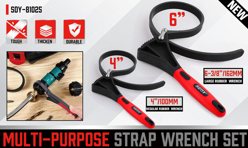 2x Rubber Strap Wrench | Adjustable DIY Plumber | Jars Hose Pipe Oil Filter Opener