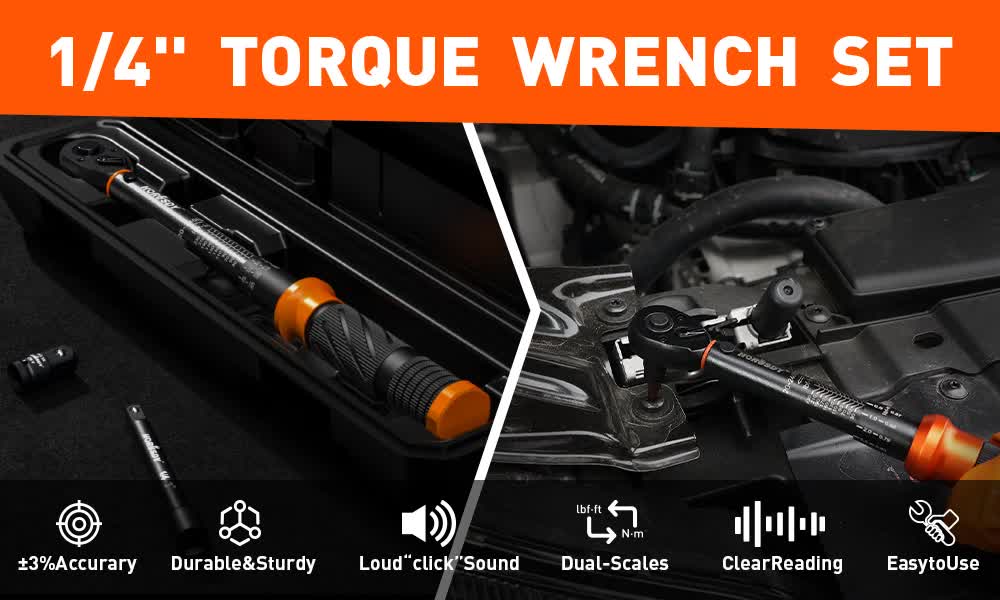 3pc Click Torque Wrench Set | 1/4" Drive | Ratchet + Adaptor + Extension | Workshop