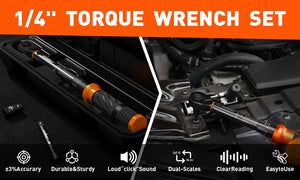 3pc Click Torque Wrench Set | 1/4" Drive | Ratchet + Adaptor + Extension | Workshop