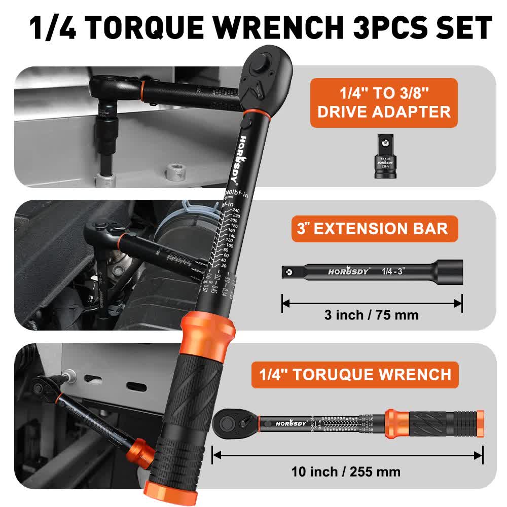 3pc Click Torque Wrench Set | 1/4" Drive | Ratchet + Adaptor + Extension | Workshop