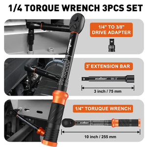 3pc Click Torque Wrench Set | 1/4" Drive | Ratchet + Adaptor + Extension | Workshop