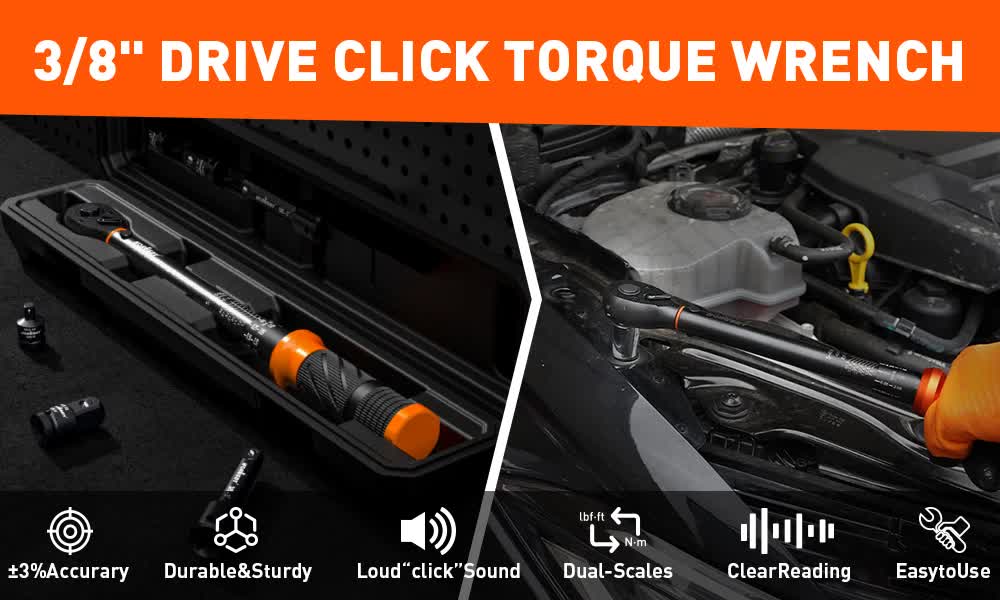 4pc Click Torque Wrench Set | 3/8" Drive | Ratchet + Adaptor + Extension | Workshop