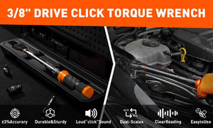 4pc Click Torque Wrench Set | 3/8" Drive | Ratchet + Adaptor + Extension | Workshop