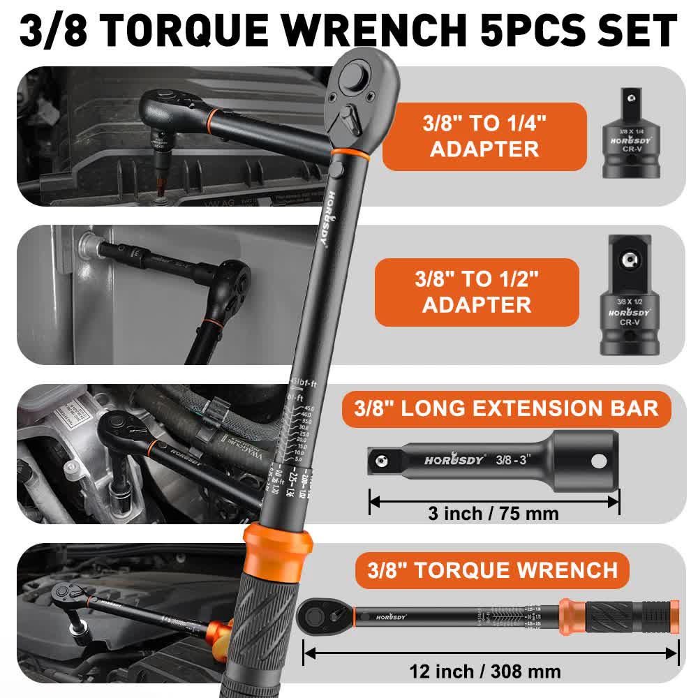 4pc Click Torque Wrench Set | 3/8" Drive | Ratchet + Adaptor + Extension | Workshop